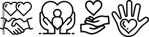 Set of charity compassion and community line icons featuring hands holding a heart handshake with hearts and volunteer support symbols.