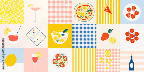 A colorful collage of summery food and drink illustrations on patterned backgrounds
