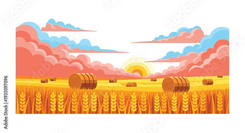 A colorful landscape depicts rolling hay bales in a golden field under a vibrant sunset creating a striking silhouette high quality