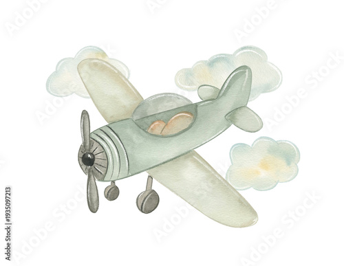 Watercolor drawing of a vintage airplane in flight