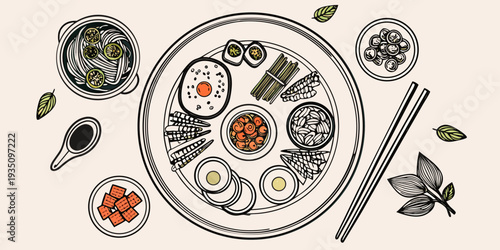 Overhead view of a variety of asian foods including sushi and noodles