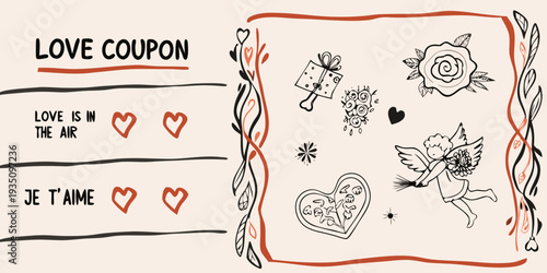 A decorative love coupon with romantic illustrations and french text