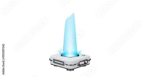 A blue light is coming out of a small gray box. 3D icon png.