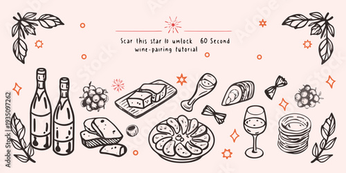 Wine pairing illustration with champagne cheese and grapes in doodle style