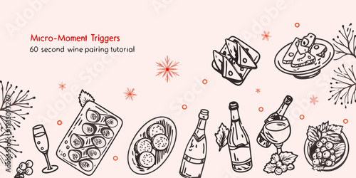 Hand drawn illustration of wine pairings with food and festive elements