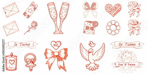 Collection of hand drawn romantic symbols and valentine s day elements