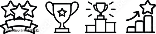 Set of success and achievement award line icons featuring trophy cups winners podium stars ribbon banner and financial growth bar charts.
