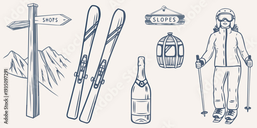 Skiing elements equipment signage and a winter sports enthusiast