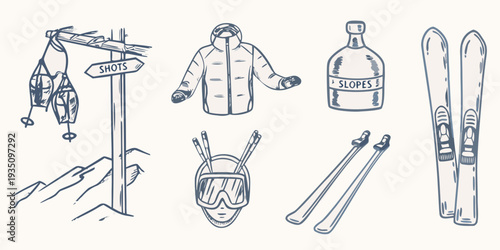 A collection of sketched winter sports and apr s ski related items