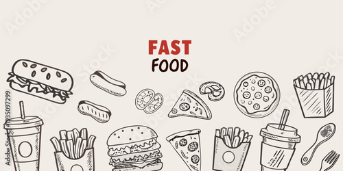 Doodle illustration of various fast food items with the word fast food