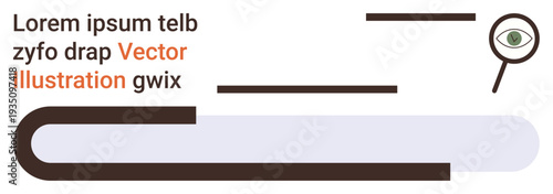 Research, data analysis, knowledge search, investigation, focus, vision. Minimalistic magnifying glass with eye symbol and abstract text elements. Research and data analysis concept