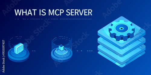 Isometric illustration depicting a server stack with a gear icon