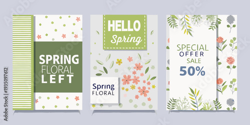 Three spring themed story templates with floral designs and text