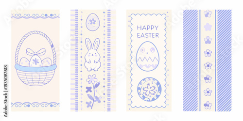 Pastel easter themed decorative elements and a basket with eggs