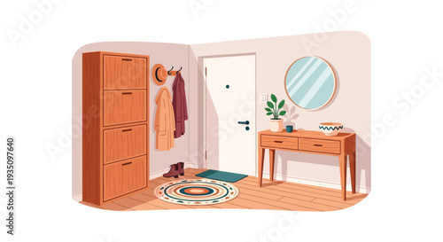 A warmly lit hallway interior showcases furniture decor and a distinct flat style silhouette high quality professional detailed modern elegant stylish clean