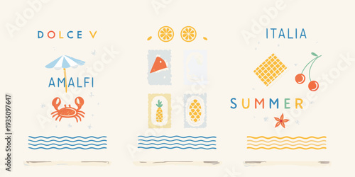 Italian summer themed design featuring citrus fruit and coastal elements