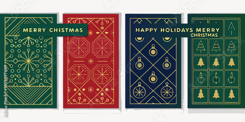Four festive holiday cards with geometric patterns and seasonal greetings