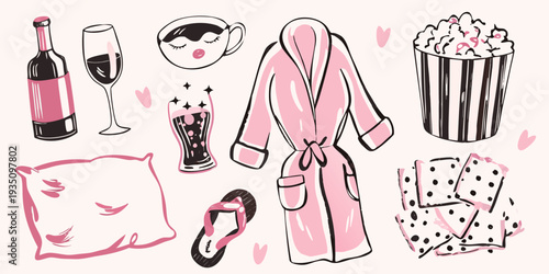A cozy night in wine popcorn and relaxation essentials illustrated