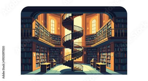 An ornate library interior with a grand spiral staircase and arched windows highlighted by dramatic lighting a striking silhouette