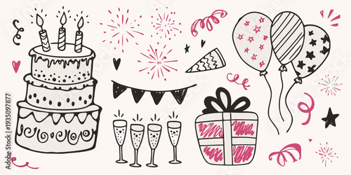 Hand drawn illustration of a birthday celebration with cake balloons and fireworks