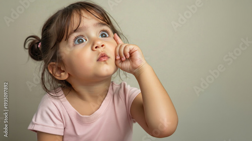 Inquisitive toddler girl pondering an idea, finger on cheek looking up, expressive childhood contemplation portrait with copy space.