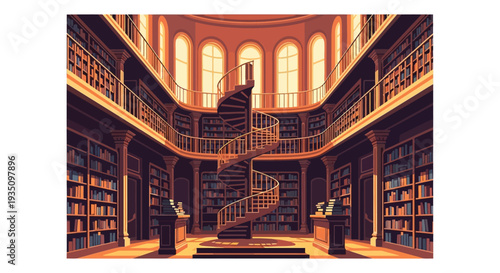 A grand ornate library interior features a central spiral staircase illuminated by warm light a striking silhouette high quality professional detailed modern