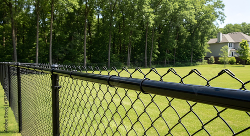 Chain link fence in black metal with diamond pattern in outdoor setting with green grass and trees in natural daylight for security and boundary