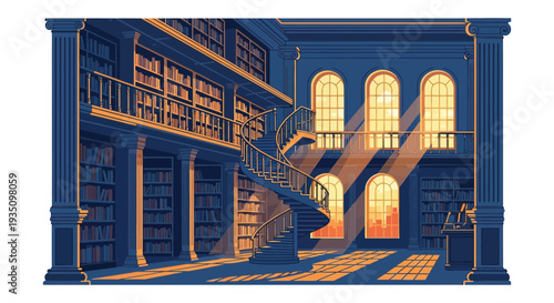 Grand library interior with arched windows a winding staircase and warm lighting presented as a striking silhouette high quality professional detailed