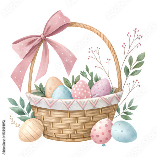 Wicker easter basket decorated with large pink polka dot bow and patterned eggs plus green branches