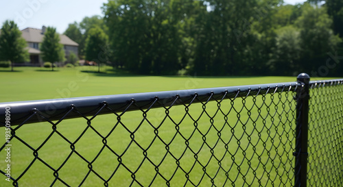 Chain link fence in black metal with green grass field and trees in soft natural lighting for outdoor security