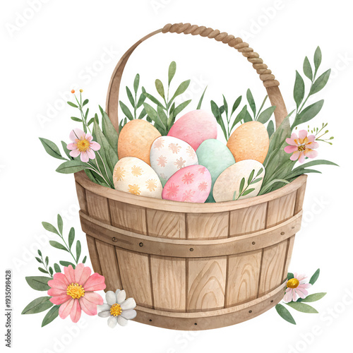 Watercolor easter barrel with pastel eggs, spring flowers, and green leaves, hand drawn illustration