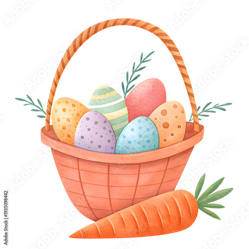 Watercolor easter basket with colorful eggs and fresh carrot, hand drawn illustration, spring element