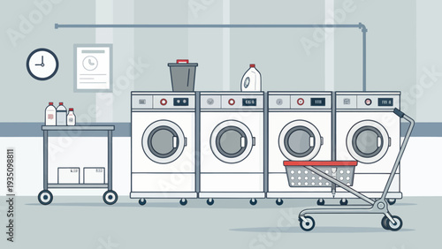 Row of Washing Machines and Laundry Accessories