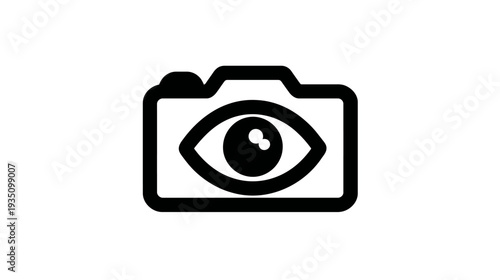 Modern black camera with an eye lens icon, symbolizing photographic vision, media, digital observation, content creation, and surveillance.