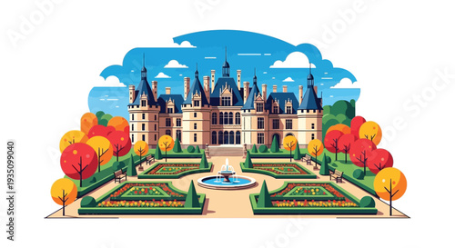 A vibrant illustration depicts a chateau with ornate architecture framed by colorful autumnal trees in a striking silhouette high quality professional