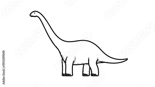 Simple black and white line art illustration of a long-necked dinosaur, a prehistoric creature outline isolated on white.