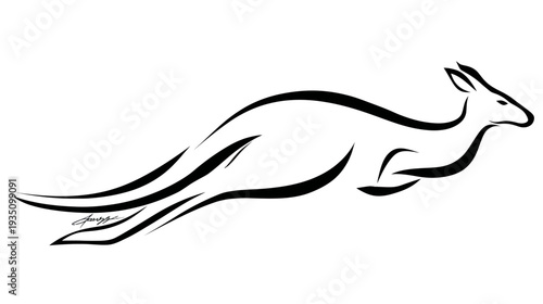 Stylized minimalist black line art illustration of a jumping kangaroo. Modern graphic drawing of a running Australian marsupial silhouette.