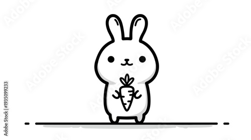 Cute cartoon rabbit holding a carrot. Simple minimalist outline illustration for kids, Easter, and animal themes.