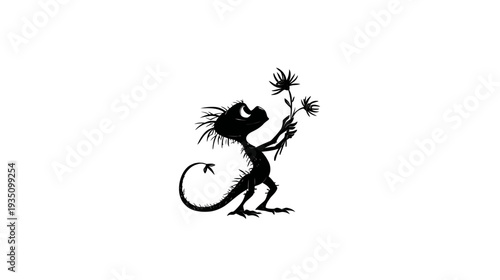 Whimsical imp-like creature silhouette holding flowers, cute fantasy illustration on white. Mythical beast with tail admiring blossoms.