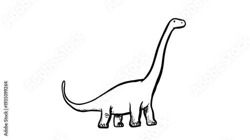 Simple Hand-Drawn Outline Illustration of a Long-Necked Brontosaurus-Style Dinosaur. Cute Black and White Prehistoric Animal Sketch Art