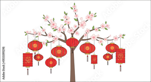 A decorative tree with vibrant red lanterns hanging from its branches representing a festive asian celebration silhouette high quality professional detailed