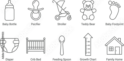 A set of ten linear baby icons including a bottle stroller diaper and teddy bear on white.