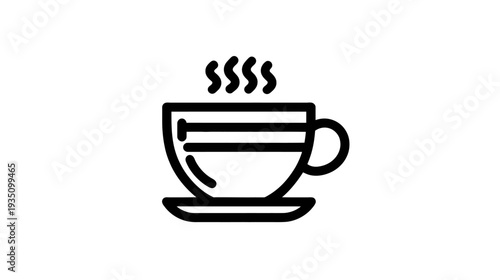 Steaming Hot Coffee or Tea Cup Icon with Saucer, Minimalist Line Art Illustration for Beverage, Cafe, and Morning Themes
