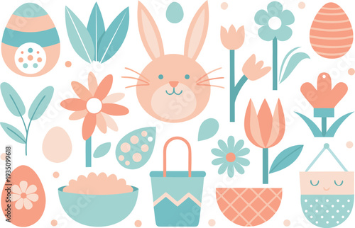 Colorful easter celebration with cartoonish illustrations of springtime elements