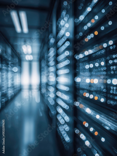 Blurred futuristic data center hallway with glowing server racks emitting blue and orange lights conveying advanced technology and digital connectivity concept