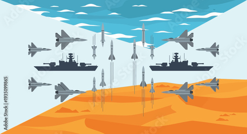 Comprehensive Military Might Advanced Fighter Jets, Battleships, and Missiles Symbolizing Robust Air and Sea Defense Strategy and Readiness