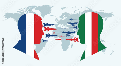 Digital illustration showcasing the intricate nature of cross-border relations and potential conflict, utilizing national flag silhouettes and abstract military weaponry