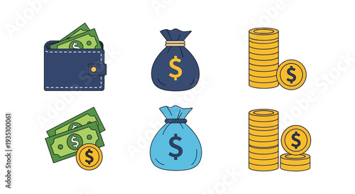 Illustrative icons depict various forms of money including wallets bags and coins in a flat style silhouette high quality professional detailed