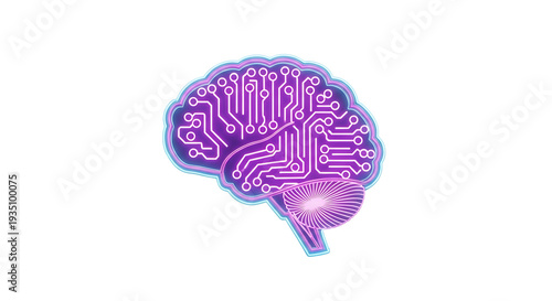 A purple brain with circuit board lines on a white background. 3D icon png.
