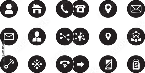 Black and white collection of 16 social media communication symbols